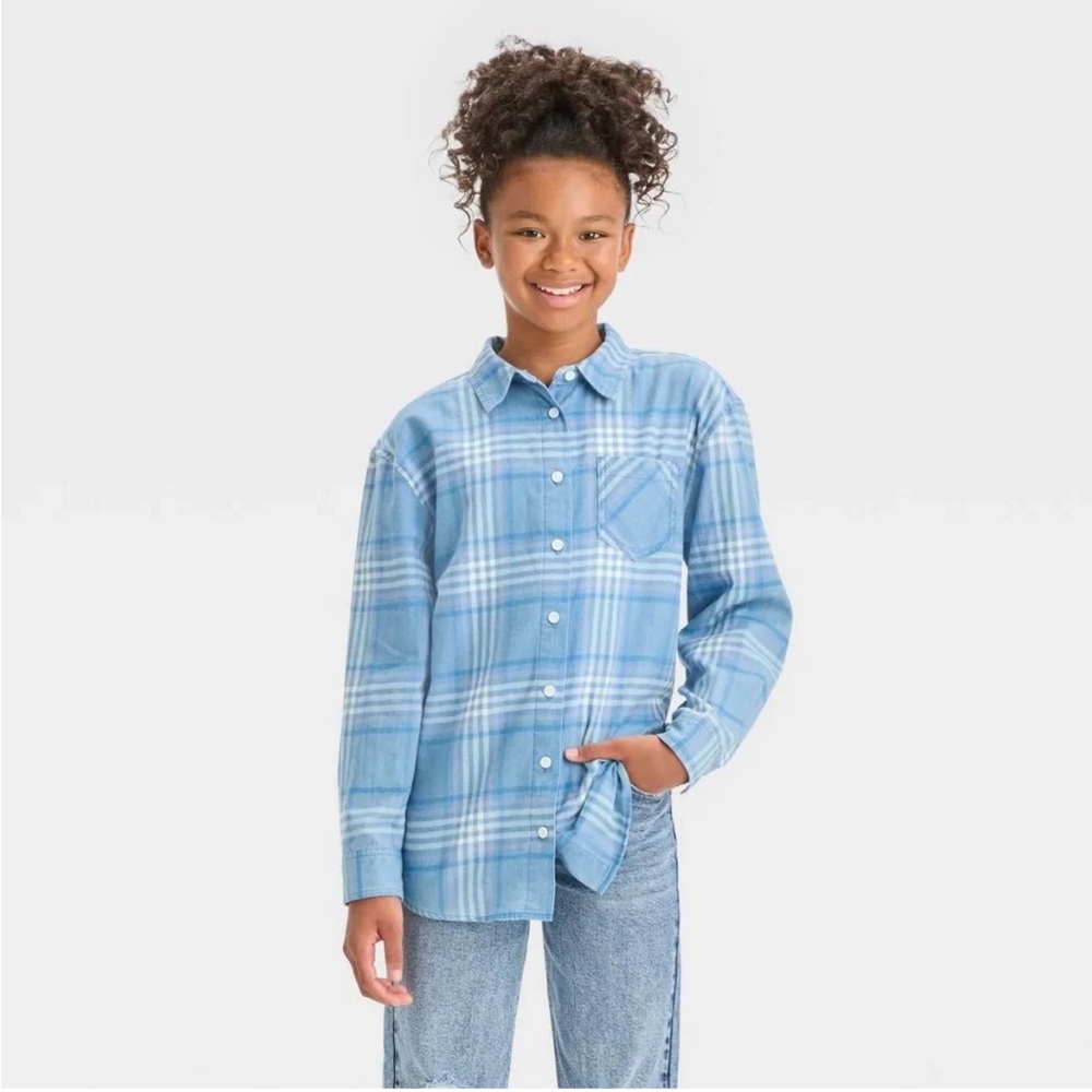 Art Class Plaid Flannel Long Sleeve Shirt Blue Girls Size 8 Medium